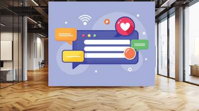 Colorful chat bubbles representing online communication with icons and symbols against a light purple background showcasing digital interaction in modern technology Wall mural