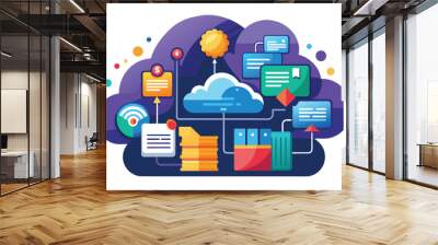 Colorful cloud computing illustration depicting data management processes and workflow in a digital environment Wall mural