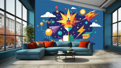 Colorful digital artwork featuring a pencil surrounded by vibrant elements like stars, lightning bolts, and abstract shapes, embodying creativity and imagination Wall mural