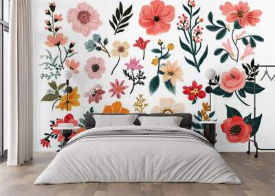 Colorful illustrated floral collection., random assortment of hand drawn flowers forming a delightful vector bunch on white Wall mural