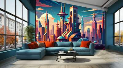 Colorful illustration of a futuristic cityscape at sunset, featuring stylized skyscrapers with glowing windows and sleek, modern design elements. Wall mural