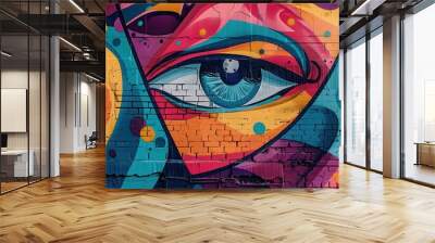 Colorful mural featuring abstract faces and eyes on a downtown wall during the day, showcasing artistic expression and vibrant street art culture Wall mural