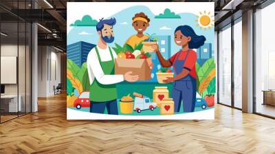 Delivery man with packaging fresh fruits on box to delivery, Fruit packaging vector for delivery Wall mural