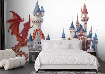 dragon and castle in the background, castle and dragon side by side on white background Wall mural