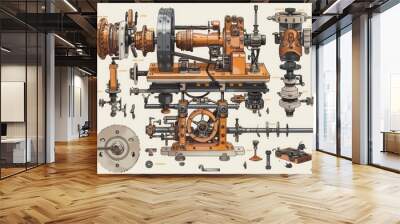 drawing of machine with many parts, diagram explaining the inner workings of machine or mechanical device Wall mural