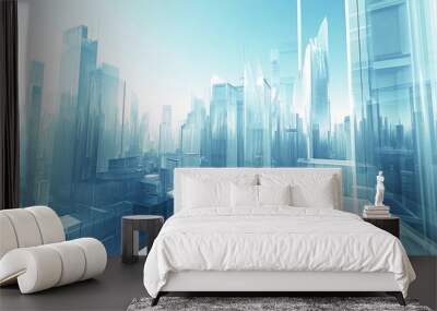 Dynamic 3D cityscape with futuristic skyscrapers, A futuristic urban landscape rendered in dynamic 3D, characterized by towering skyscrapers and advanced architectural design. Wall mural