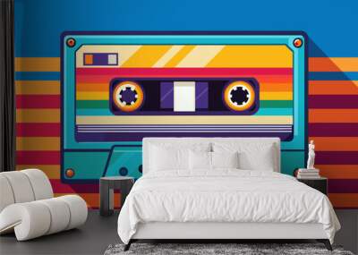 flat vector illustration of a retro cassette tape with vibrant colors. Wall mural