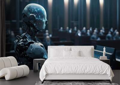 Futuristic, shiny humanoid robot, futuristic courtroom where justice is determined by artificial intelligence Wall mural