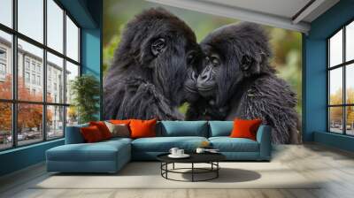 group of gorillas sitting next to each other, family of gorillas shares tender moment, their close knit bonds evident in their gentle gestures and expressions Wall mural