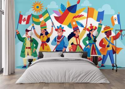 group of people in traditional and ceremonial attire from various cultures, parading through a vibrant village with flags and decorative elements, set against a backdrop of mountains and a sunny sky. Wall mural