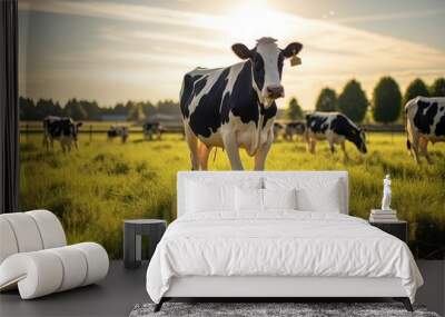 Holstein Friesian cow farm during golden hour, with peacefully grazing in a vast Wall mural