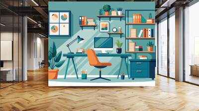 Illustrated home office setup with a desk, chair, computer, and shelves filled with books and decorative plants in a cozy room environment. Wall mural