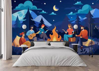 Illustration of a group of five people sitting around a campfire at night in a forest, with mountains in the background and a starry sky above. Wall mural