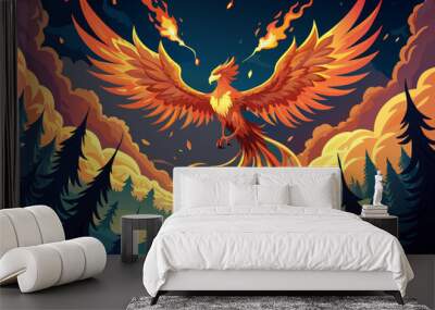 Illustration of a majestic phoenix in flight, its fiery wings spread wide, set against a dramatic backdrop of swirling orange clouds and dark silhouetted pine trees. Wall mural