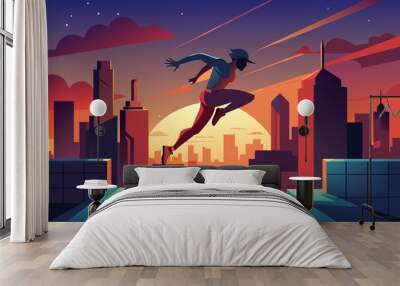 Illustration of a superhero jumping between rooftops in a futuristic cityscape at sunset, with a dramatic sky and vibrant colors. Wall mural