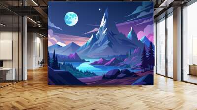 Illustration of a vibrant, stylized mountain landscape at night, featuring sharp peaks, a reflective lake, and a full moon in a purple and blue sky. Wall mural