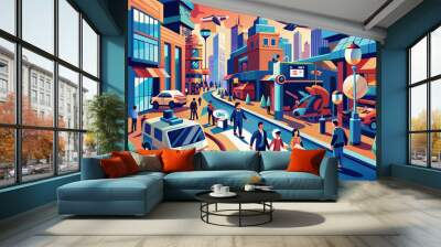 Illustration of a vibrant cityscape with futuristic elements, featuring people walking, an autonomous car, and a flying vehicle overhead, all set against modern buildings and a clear blue sky. Wall mural