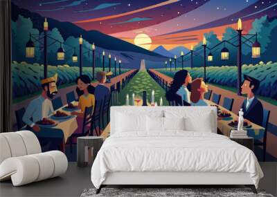 Illustration of people dining outdoors at sunset in a vineyard, with tables lined between rows of grapevines, decorative lamps, and a mountainous landscape in the background under a starry sky. Wall mural