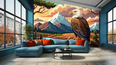 illustration of the eagle on tree looking at river and mountain Wall mural