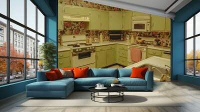 kitchen with stove, oven, sink and microwave, 1970s kitchen with avocado green appliances and floral wallpaper Wall mural