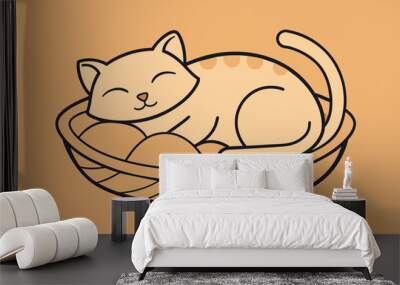 Minimalist line art illustration of a cute cat sleeping Wall mural