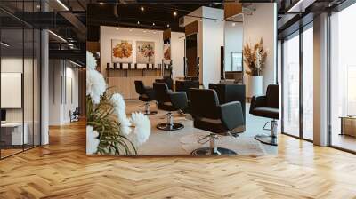 Modern, spacious salon interior, diverse salon bustling with creativity, stylists collaborating to make everyone feel beautiful Wall mural