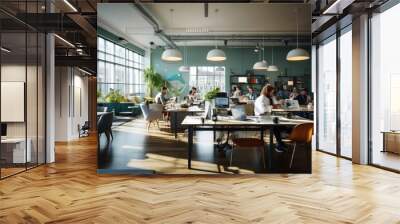 Modern office space with multiple people working at individual tables on laptops, in a room with large windows and industrial style decor. Wall mural