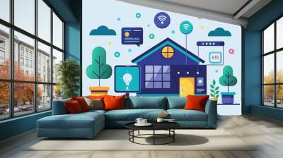 Modern smart home concept with solar panels and wireless technology, showcasing efficiency and connectivity in a vibrant urban setting Wall mural