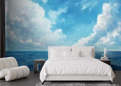 painting of blue ocean with clouds, calming blue background, evoking feelings of serenity and tranquility Wall mural