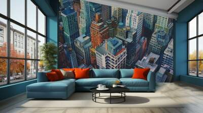 painting of city with lots of tall buildings, bustling cityscape captured from above Wall mural