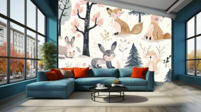 pattern of animals and trees, whimsical pattern with woodland animals and trees in soft pastel colors Wall mural