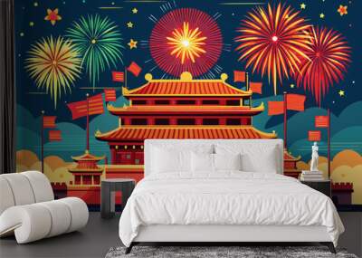 photorealistic illustration of fireworks exploding over temple bathed in the light of the new year Wall mural