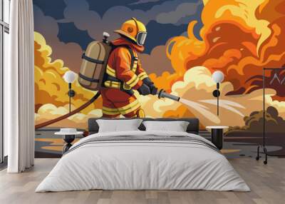 photorealistic image of a firefighter battling a blaze, smoke billowing around them Wall mural