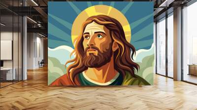 Portrait illustration of Jesus Christ with a halo, blue sky, and clouds Wall mural