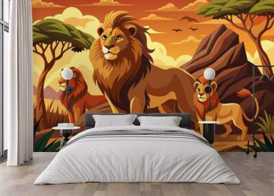 Proud lion family standing on the savanna against an orange sunset,  wild animals illustration Wall mural