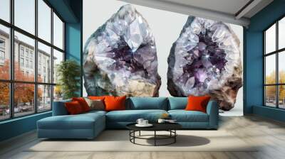 purple crystal with white star on it, Crystal geode, 3D cracked open revealing sparkling crystals inside Transparent background Wall mural