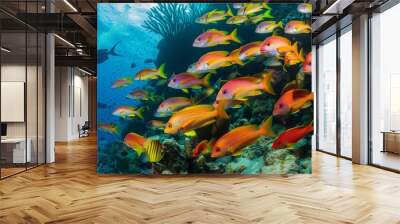 school of fish swimming in the ocean, school of colorful fish swimming past healthy reef Wall mural