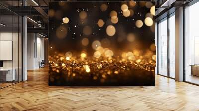 shimmering gold glitter on rustic wood with soft bokeh lights, elegant golden sparkle on wooden surf Wall mural