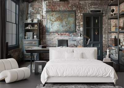 Stylish modern office with exposed brick walls, wooden beams, and contemporary furniture in a cozy workspace filled with books and greenery Wall mural