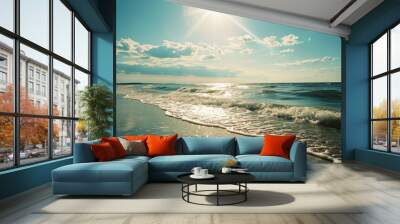 Sun-kissed beach day light with white cloudy sky Wall mural