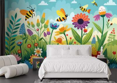 The gentle hum of bees pollinating vibrant wildflowers Wall mural