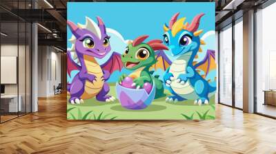 three cartoon dragon characters with a basket of eggs, 