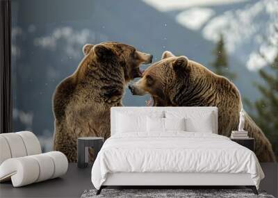 two bears fighting in field with mountains in the background, pair of grizzly bears engage in playful tussle, their massive frames dwarfing the surrounding wilderness Wall mural