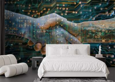 two hands shaking over a circuit board, Circuit board city grids Wall mural