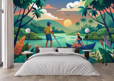 Two people paddleboarding on a calm river flowing through a vibrant tropical landscape with lush greenery, colorful flowers, and distant mountains under a sunset sky. Wall mural