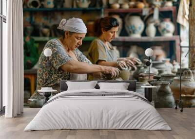 two women are making pottery in a pottery shop, two women are making pottery in a pottery shop, Artisans crafting traditional pottery in a workshop Wall mural