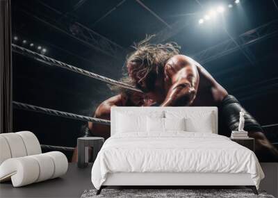 Two wrestlers grappling in a wrestling ring, showcasing their strength and technique. Wall mural