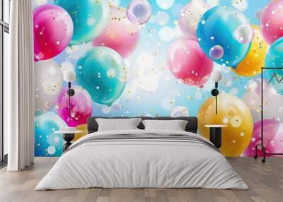 Vibrant, colorful floating balloons, Cheerful and fun vector background with a variety of colorful balloons and bubbles Wall mural