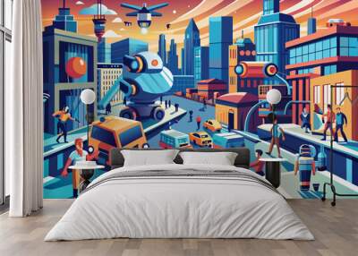 Vibrant illustration of a bustling futuristic city with autonomous cars, drones flying overhead, and pedestrians on vibrant, sunny streets lined with colorful, modern buildings. Wall mural