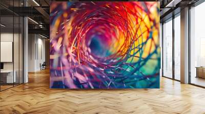 Vivid spiral of intertwined colorful wires creating an abstract tunnel effect under soft lighting Wall mural